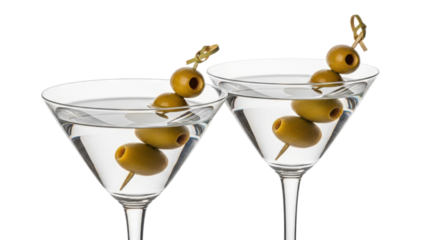 Two martini glasses elegantly showcase a classic cocktail with olive garnish against a sleek black backdrop, exuding sophistication, transparent background