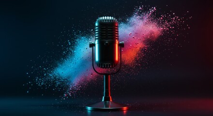 Retro microphone explodes with vibrant blue and pink powder and light