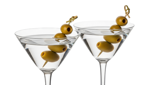 Two martini glasses elegantly showcase a classic cocktail with olive garnish against a sleek black backdrop, exuding sophistication, transparent background