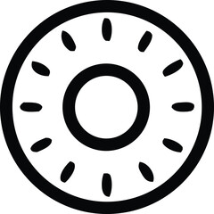 A simple black and white outline drawing of a sliced watermelon showcasing its rind and seeds in a minimalist style