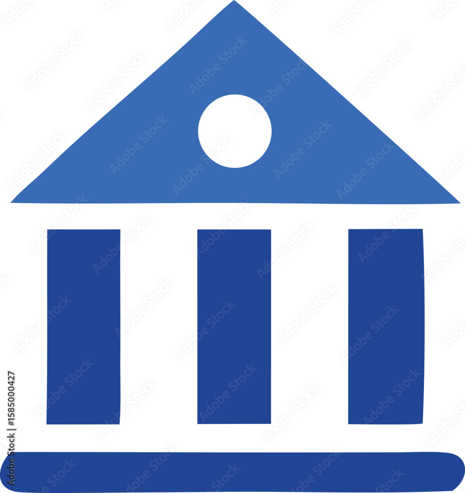 Poster a simple blue icon representing a classical building with a triangular roof and three columns symbol