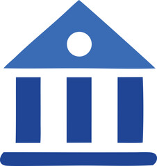 A simple blue icon representing a classical building with a triangular roof and three columns symbolizing government or education