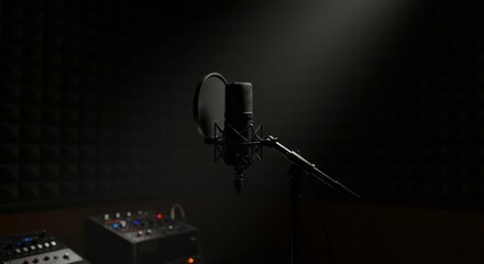 Professional condenser microphone with pop filter in a dark recording studio
