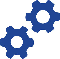 Two interlocking blue gears with white centers symbolizing teamwork mechanics and industrial processes on a clean white background