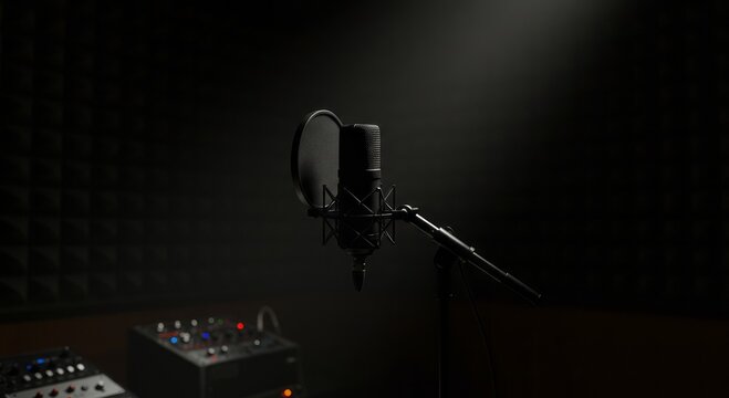 Professional condenser microphone with pop filter in a dark recording studio