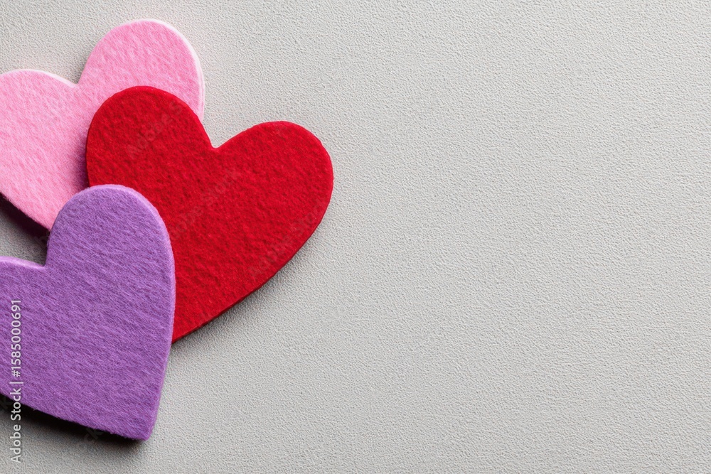 Poster a vibrant collection of felt heart shapes in various colors laid on a textured surface symbolizing e