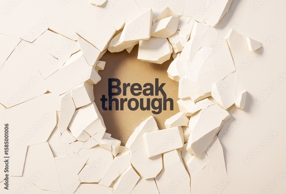 Aufkleber breakthrough concept with cracked wall and text in center on light abstract background representing 