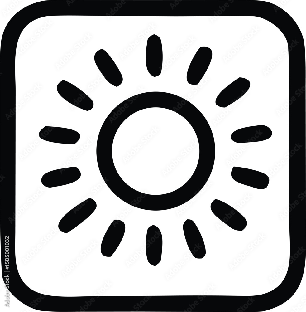 Poster a simple black and white icon featuring a stylized sun with rays radiating outwards from a central c