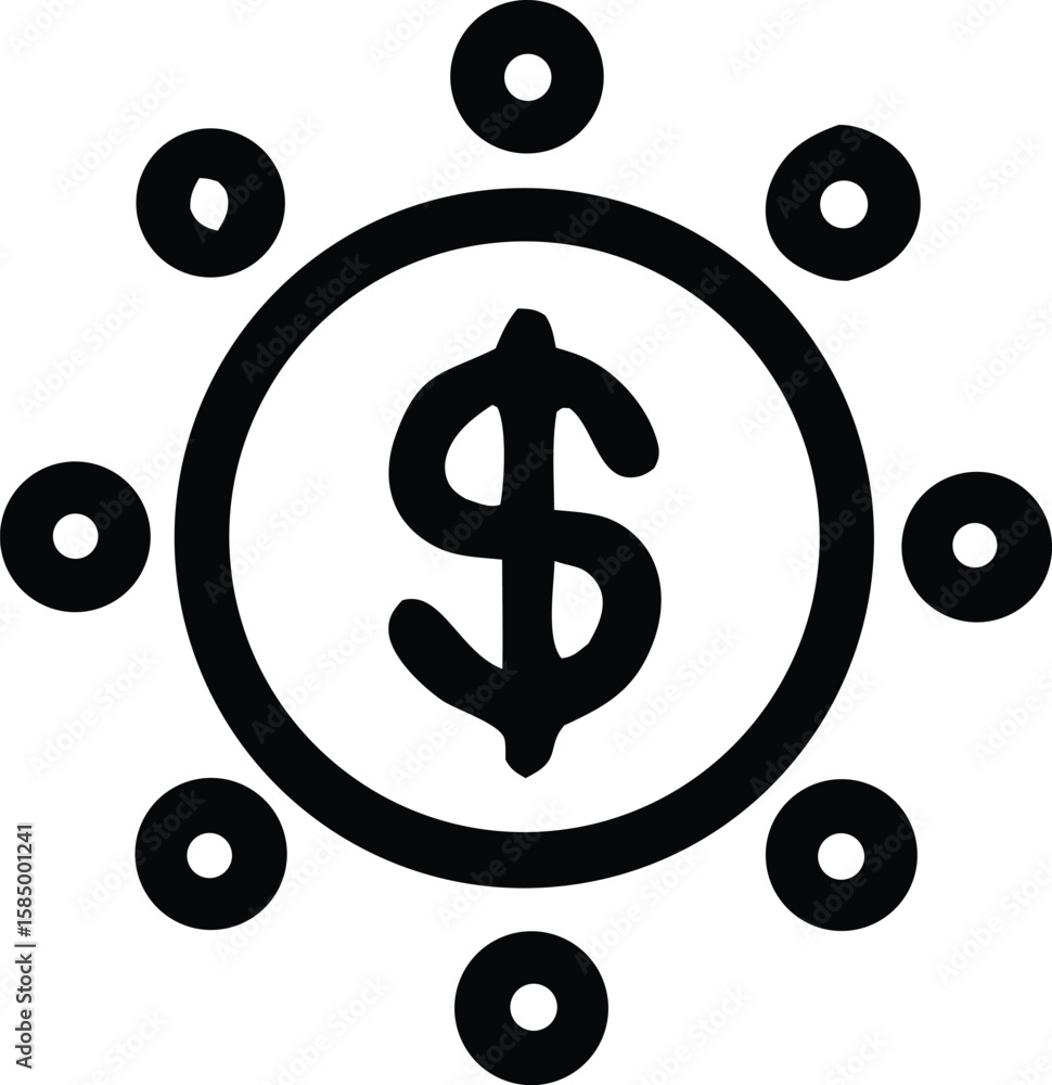 Aufkleber stylized black dollar sign icon enclosed within a circle surrounded by smaller orbiting circles repr