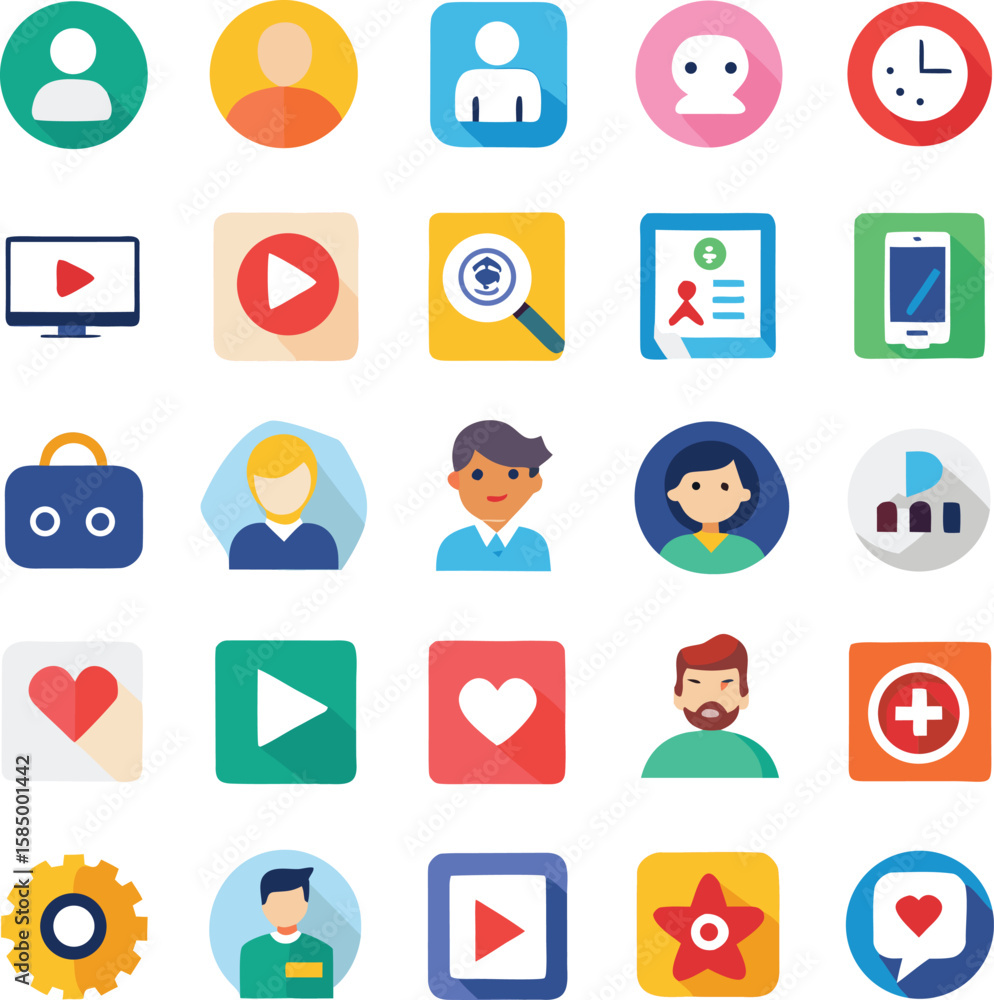 Poster a collection of flat design icons representing user profiles media playback search communication and