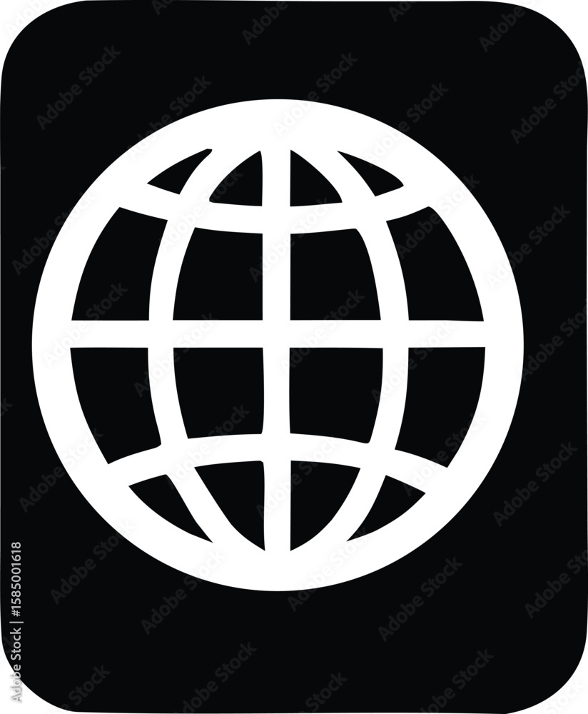 Poster a simple white globe icon with a grid pattern is displayed against a solid black background with rou