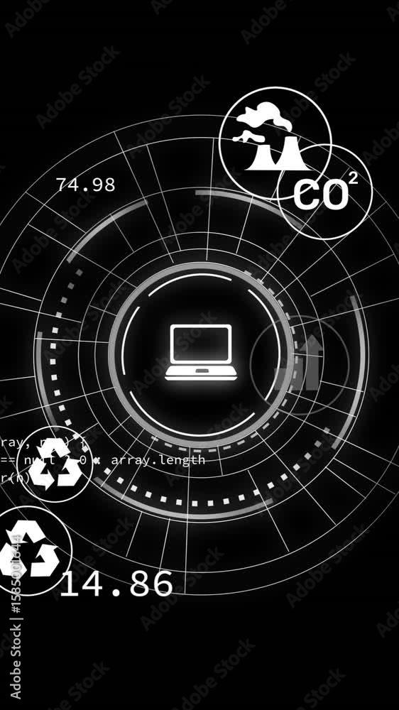 Poster circular data visualization with environmental icons and coding animation over black background