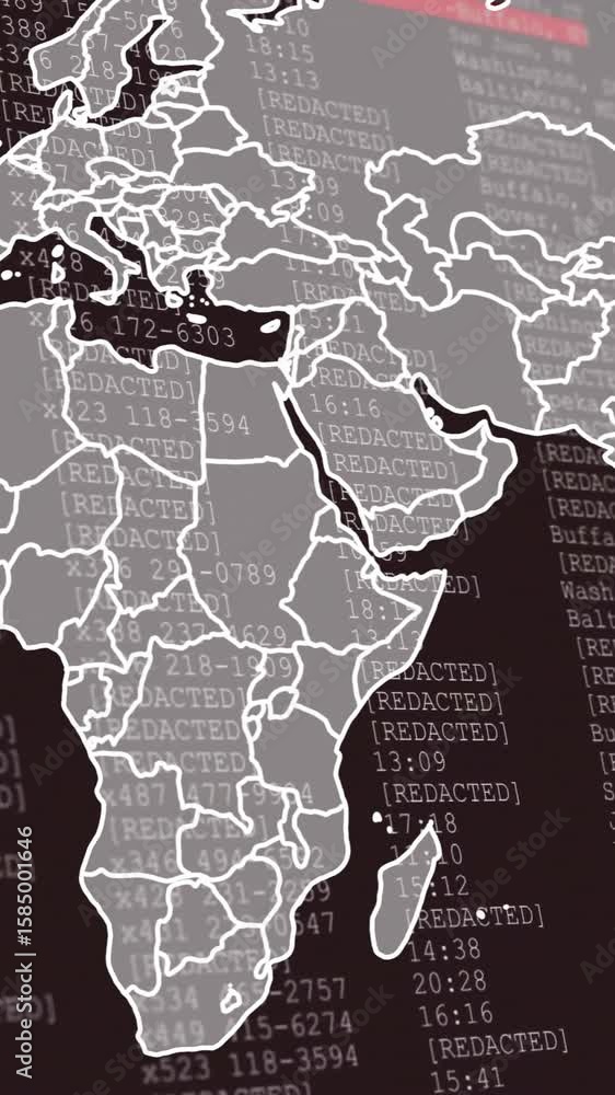 Poster world map animation over redacted data and numbers on dark background