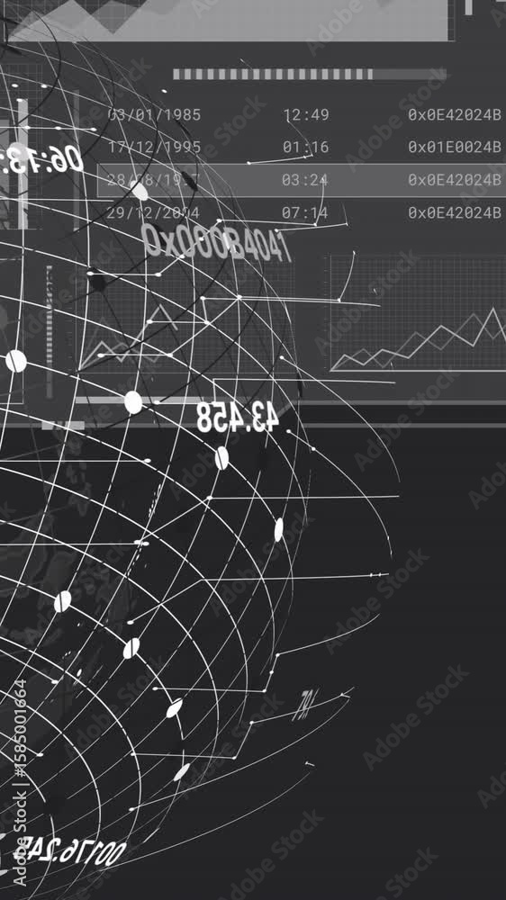 Poster digital world map and data processing animation over globe and charts