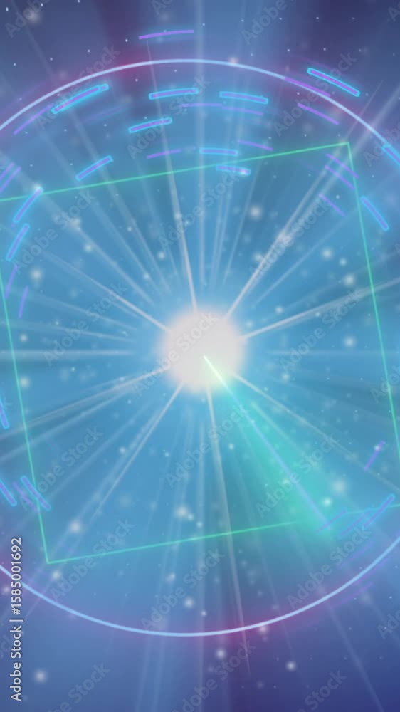 Poster glowing geometric shapes and light rays creating futuristic cosmic animation