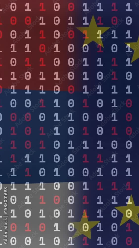 Poster animation of binary code overlaying flag colors with stars, symbolizing digital data