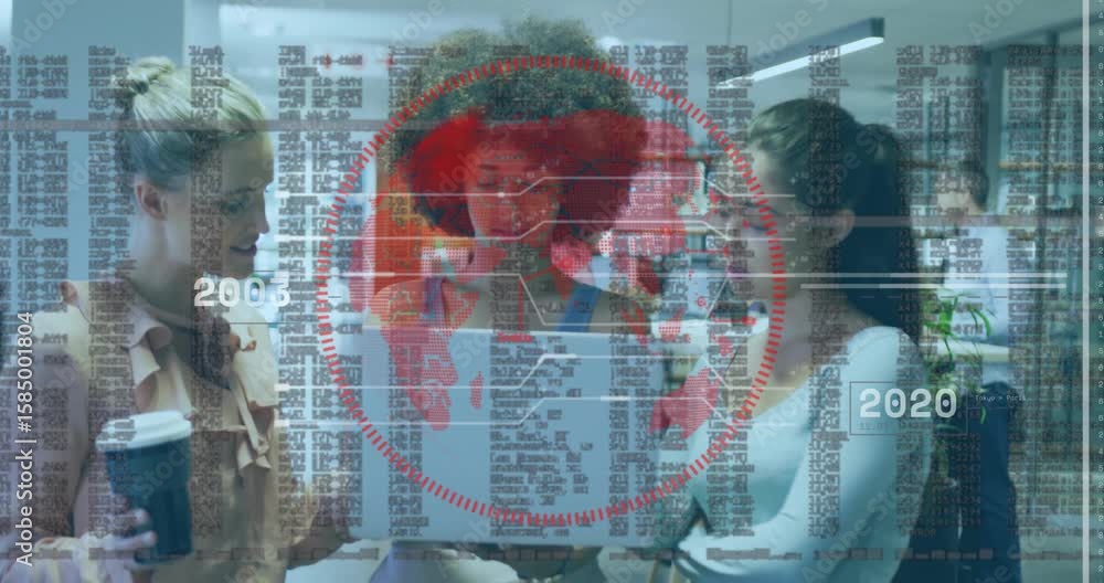Poster colleagues collaborating around laptop in library rotating red ring overlaying code reviewing data