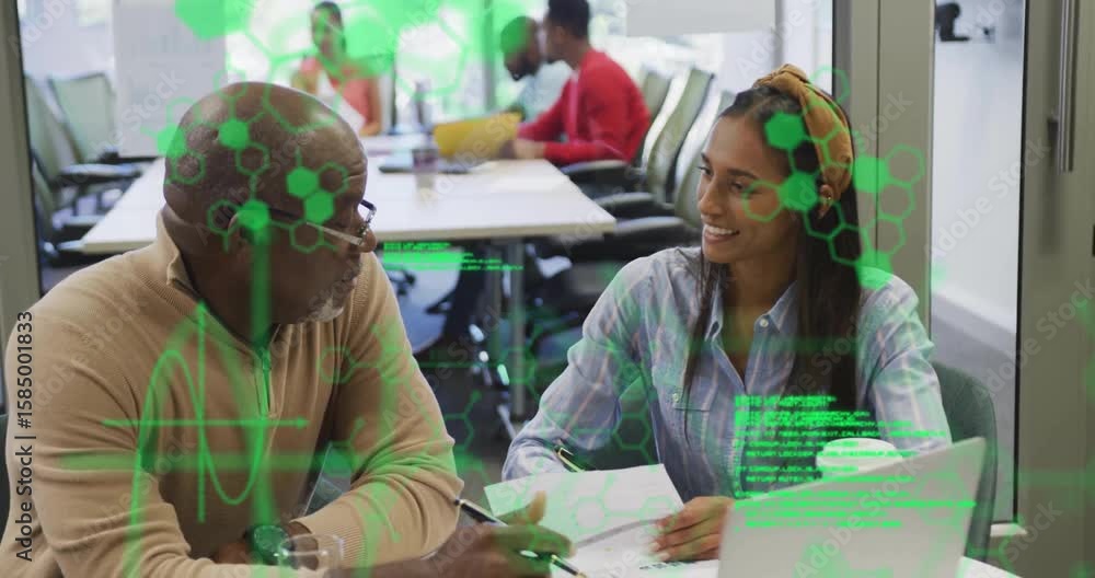 Poster reviewing documents triggers green code overlay while mentor guiding mentee in business analysis