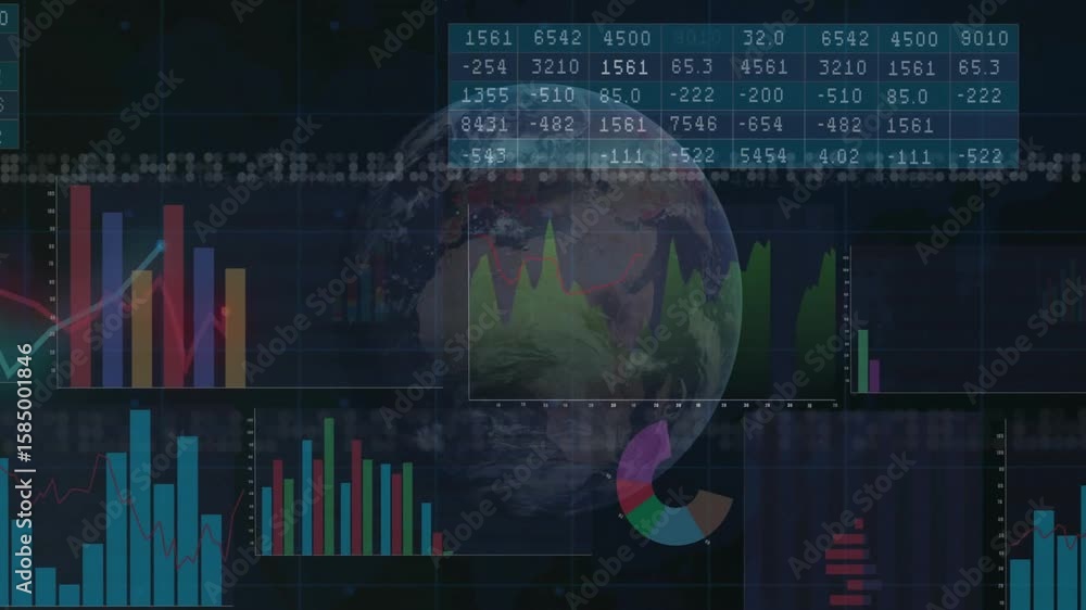Poster numeric table scrolling initiating globe rotating while charts updating insights for dashboard