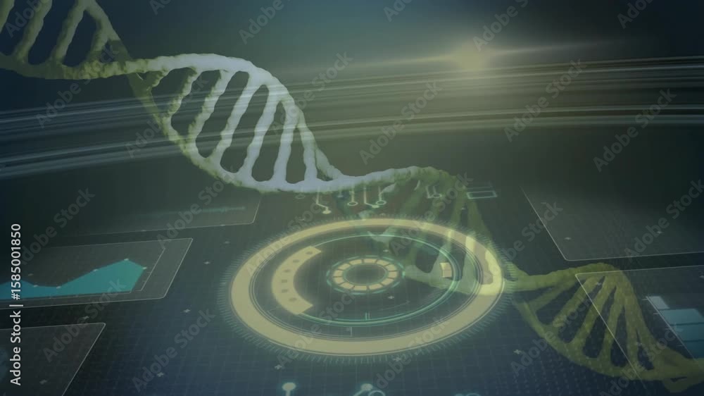 Aufkleber on hud start stylized dna helix gliding right rotating through color spectrum visualizing data flow