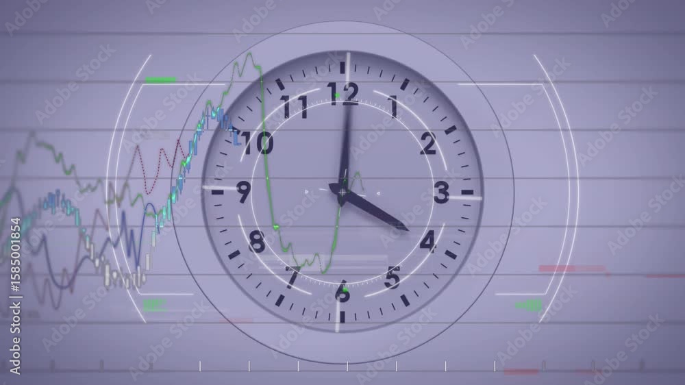 Poster on start clock hands moving through time, graphs and hud arcs animating to show data trends