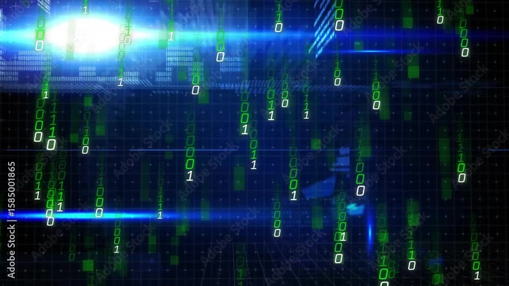 Aufkleber bright blue flare flaring at center streaming green binary digits panels and scanning lines grid