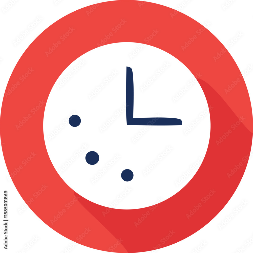 Poster simple minimalist clock face icon with red outer circle and blue hour and minute hands on a white ba