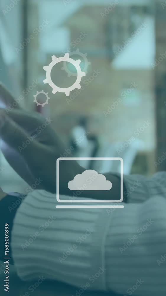Poster animation of financial data processing over caucasian businessman using tablet in office
