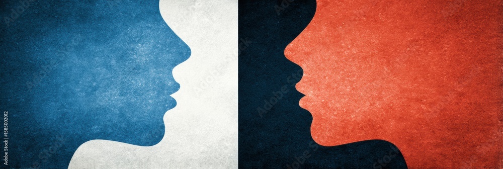 Poster minimalist dual-tone icons representing face-to-face communication in a creative split design on a t