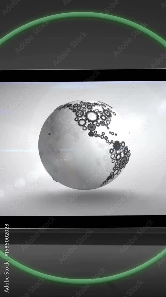 Aufkleber tablet displaying world map made of gears, surrounded by green circle animation