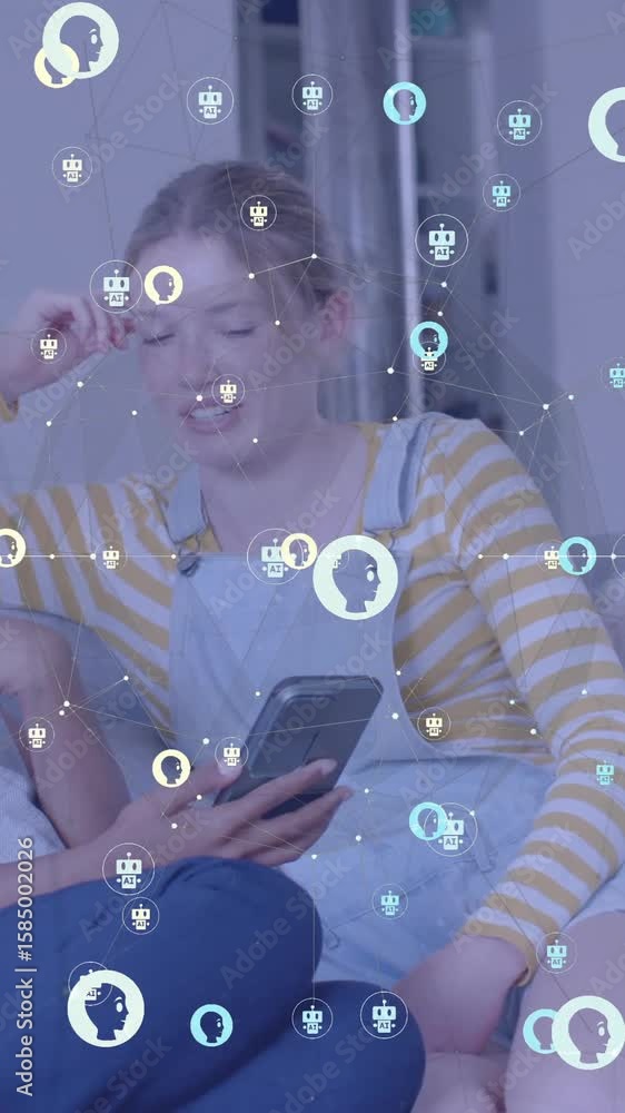 Poster animation of icons and data processing over diverse women using smartphone