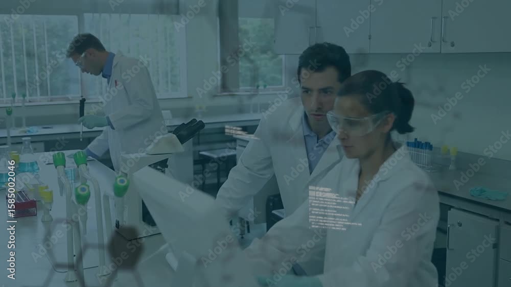 Poster woman typing data on pc in lab animating charts for analysis while colleague examining slides