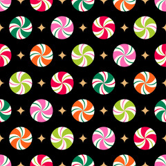 Colorful candy with gold star seamless pattern design for Christmas holidays background.