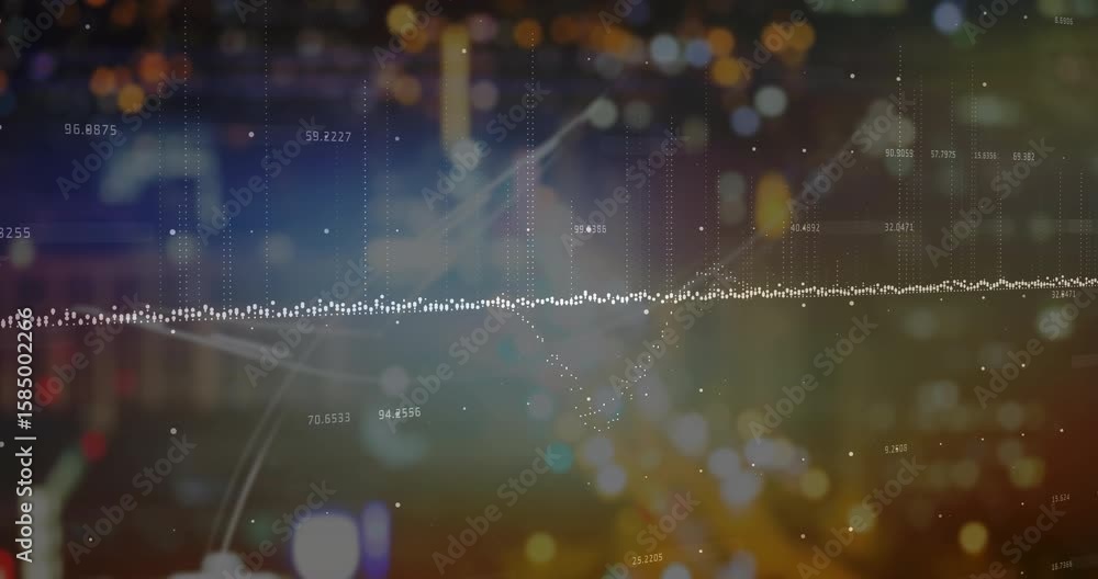 Poster opening with blurred bokeh cityscape, white dot waveform graph oscillating smoothing showing data