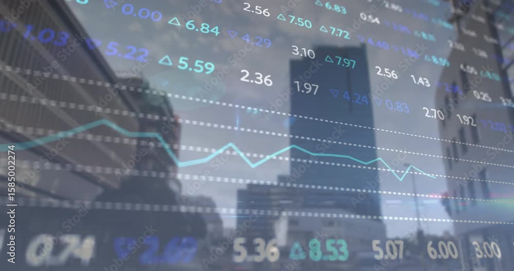 Poster overlay fading updating market data with triangles moving line graph representing trading activity