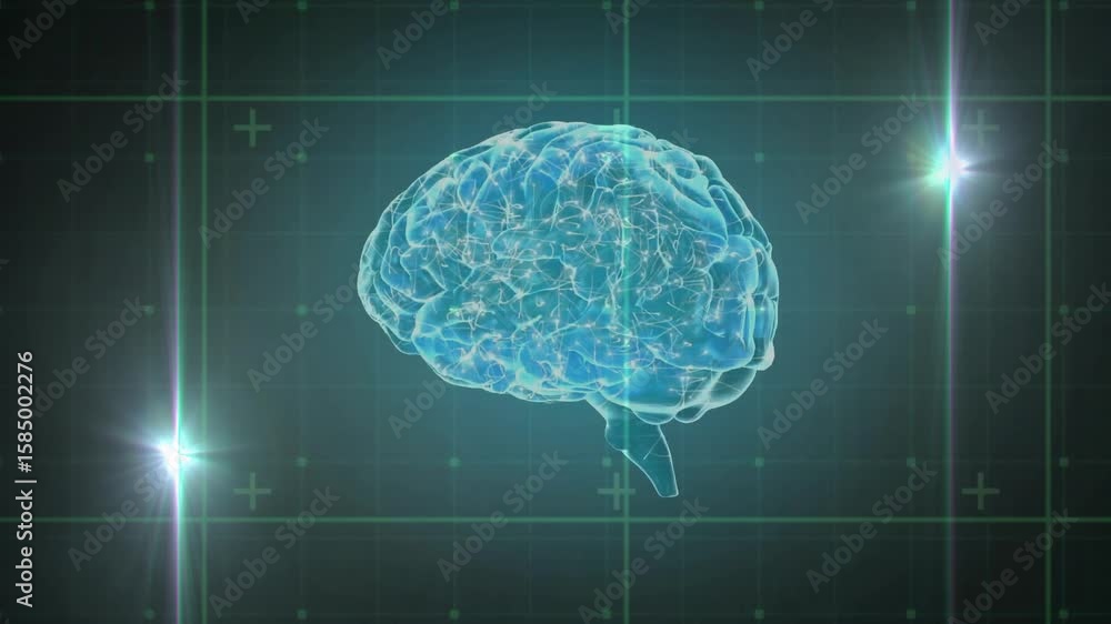 Poster on start translucent blue brain rotating clockwise revealing neural pathways in virtual interface