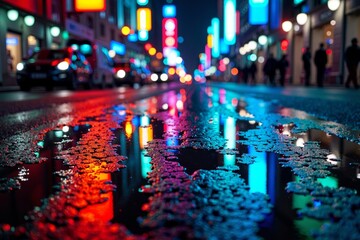 Neon lights' vibrant hues mirrored in rain-soaked street from above