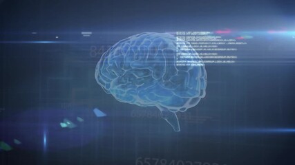 On start holographic brain appearing on grid, rotating with code overlays scanning neural analysis - Powered by Adobe