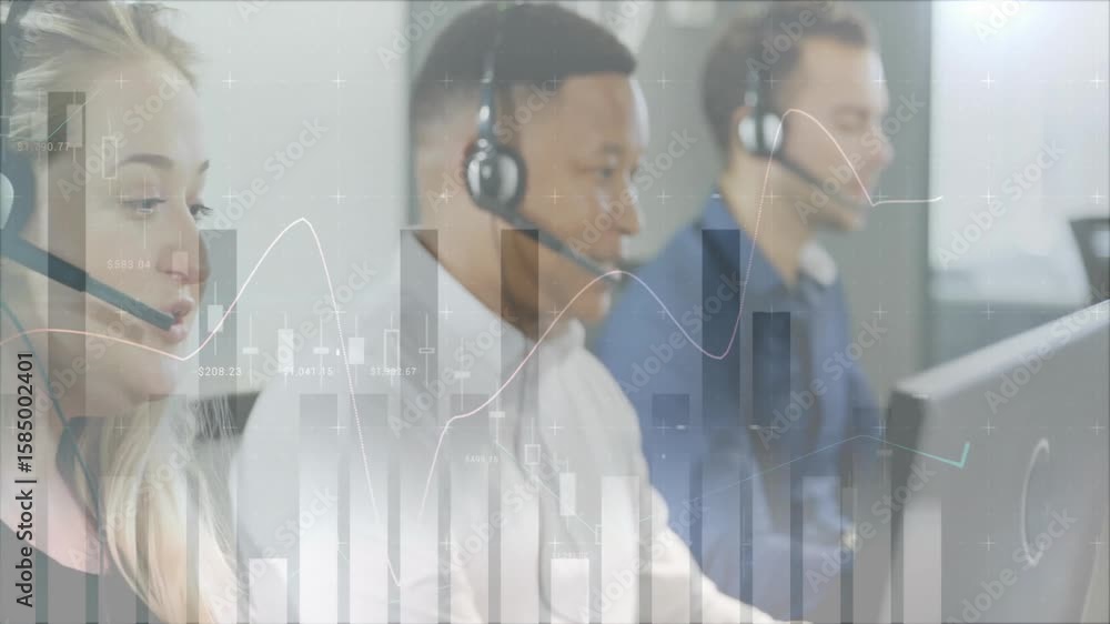 Aufkleber two call center agents starting calls causing data graph overlays while female agent entering desk