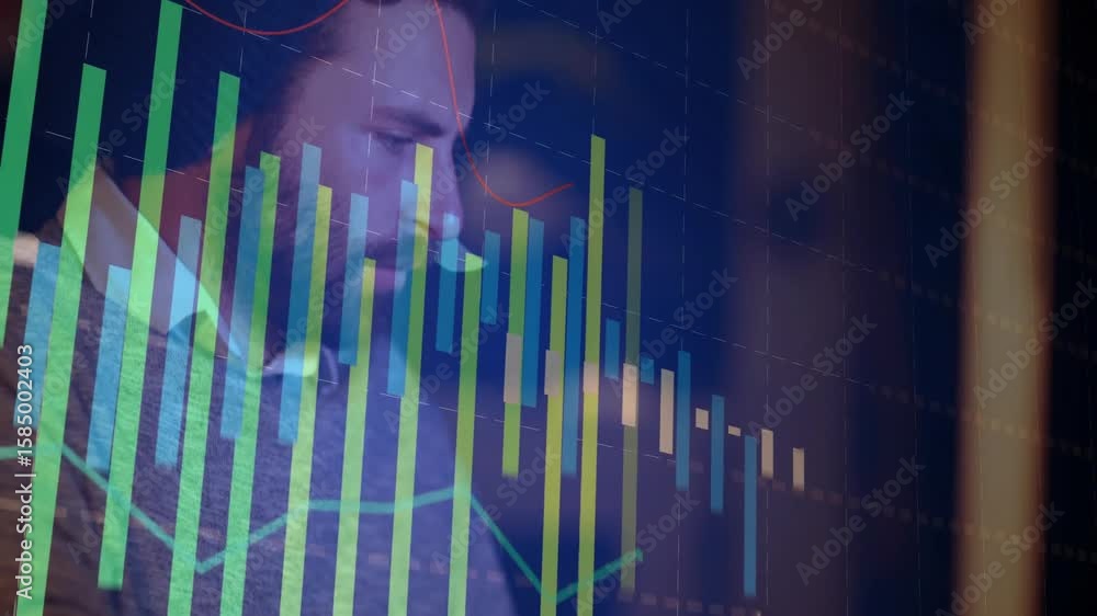 Poster analyst typing on keyboard starting chart overlay while analyzing market data on tablet and monitor
