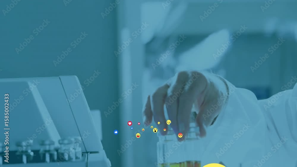 Aufkleber on start lab tech grabbing vial lifting inspecting inserting into analyzer for clarity