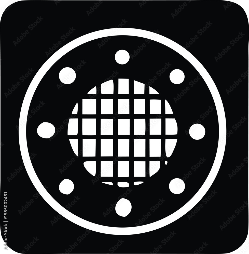 Poster stylized circular emblem featuring a grid pattern within a larger circle surrounded by evenly spaced