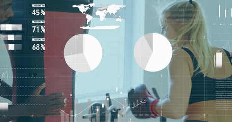 After securing gloves athlete punching bag in gym as coach guiding and overlays updating metrics - Powered by Adobe