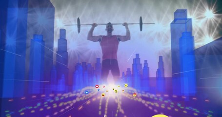 Fitness athlete gripping barbell on grid performing overhead press showing power swirling emojis - Powered by Adobe