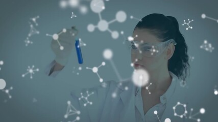 Female research scientist raising, tilting test tube and inspecting liquid with molecular graphics - Powered by Adobe