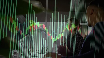 Four professionals gathering around table, candlestick chart animating and analyzing finance trends
