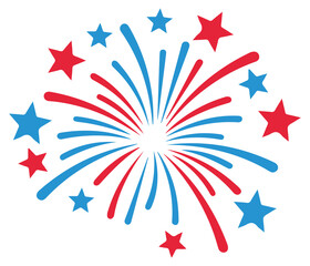 Red and Blue Fireworks Starburst Vector Celebration Design with Radiating Streaks and Scattered Stars