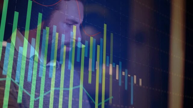 Analyst typing on keyboard starting chart overlay while analyzing market data on tablet and monitor