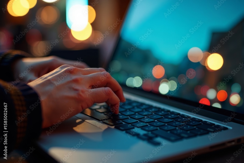 Poster person typing on a laptop keyboard with a cityscape reflection on the screen in close-up view.
