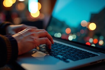 Person typing on a laptop keyboard with a cityscape reflection on the screen in close-up view.